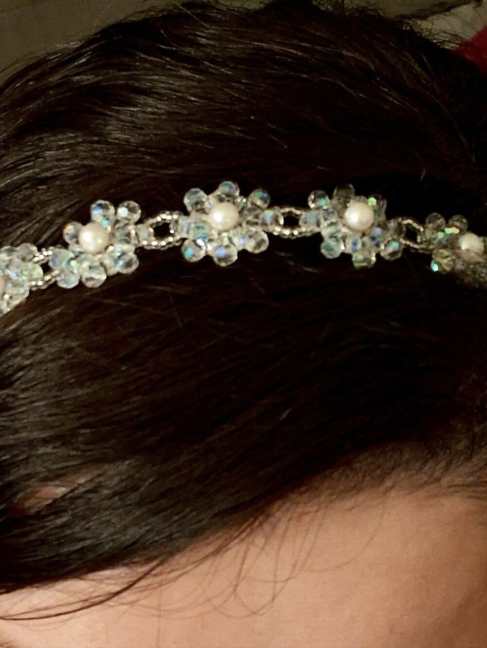 Pearl and Crystal Floral Headband - Silver Tone